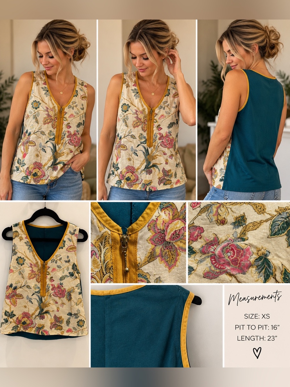 Vintage Style Floral Tapestry Boho Vest Top Teal Back XS